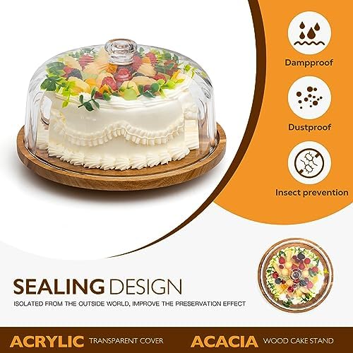 Cake Stand with Lid, Rotating Cake Holder with Dome, Wood Lazy Susan with Cover, Cake Stand for Party, Birthday, alternate