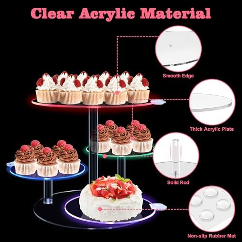 Cake Stand with Rechargable Light, 4 Tier LED Acrylic Cupcake Stand, Round Cake and Cupcake Stand Combo, Clear, alternate