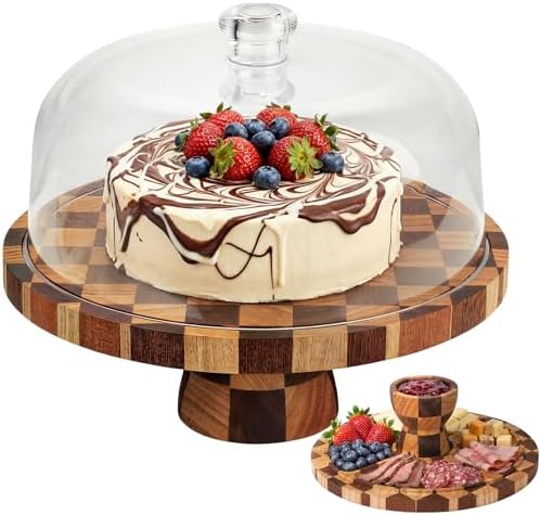 Cake Stand with Shatterproof Acrylic Dome, 12in Wooden Cake Stand in Brown