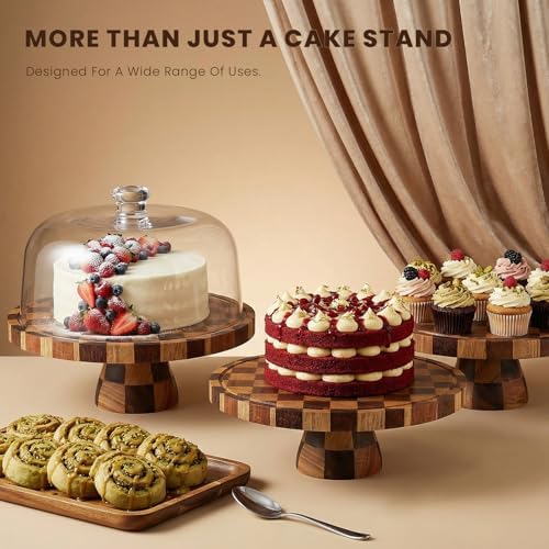 Cake Stand with Shatterproof Acrylic Dome, 12in Wooden Cake Stand in Brown, alternate view 2