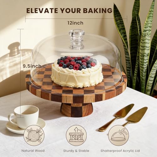 Cake Stand with Shatterproof Acrylic Dome, 12in Wooden Cake Stand in Brown, alternate view 4