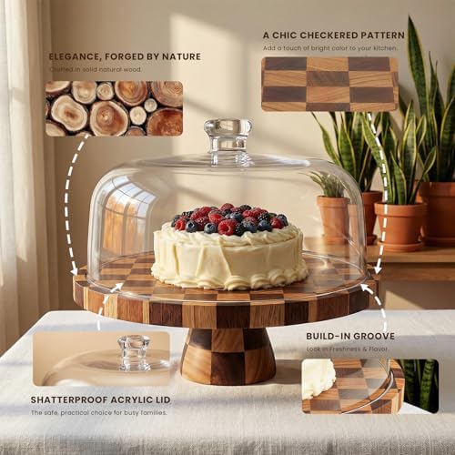 Cake Stand with Shatterproof Acrylic Dome, 12in Wooden Cake Stand in Brown, alternate view 5