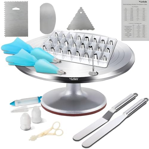 Cake Turntable Aluminum Alloy & Piping Bags and Tips Set, Rotating Cake Stand Decorating Kits with Stainless