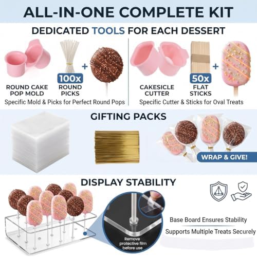 Cakesicle Cutter and Cake Pop Mold Set, Complete Baking Kit with Acrylic Stands Trays Pusher Sticks Cellophane, alternate