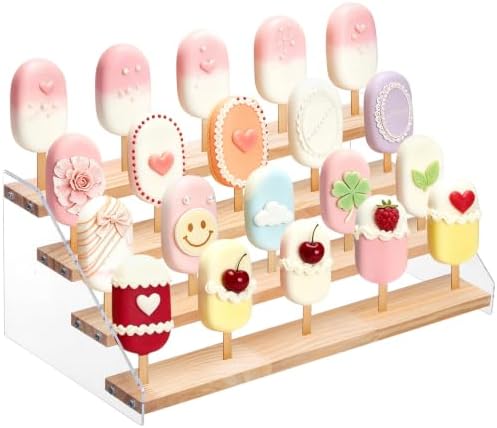 Cakesicle Stand Cake Pop Stand Display Riser 4 Tier 20 Holes Acrylic Pine Wood Lollipop Holder Rectangle Wooden