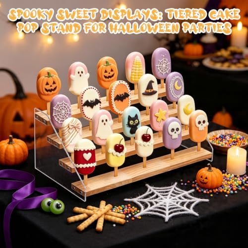 Cakesicle Stand Cake Pop Stand Display Riser 4 Tier 20 Holes Acrylic Pine Wood Lollipop Holder Rectangle Wooden, alternate