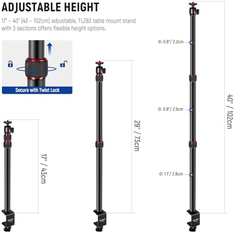 Camera Desk Mount with Holder & 360° Ball Head, 17"-40"/43-102cm Telescopic C Clamp Table Light Stand 1/4", alternate view 2