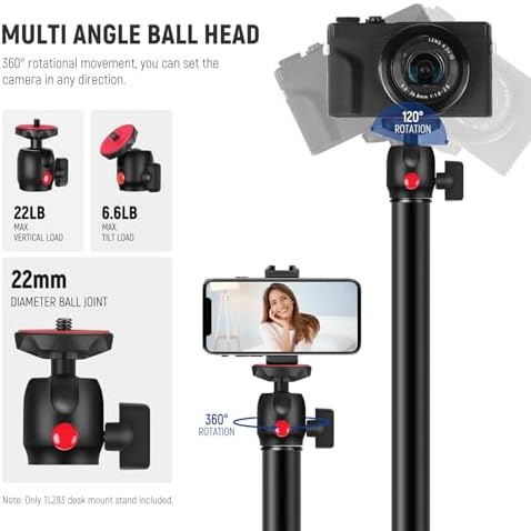 Camera Desk Mount with Holder & 360° Ball Head, 17"-40"/43-102cm Telescopic C Clamp Table Light Stand 1/4", alternate view 3