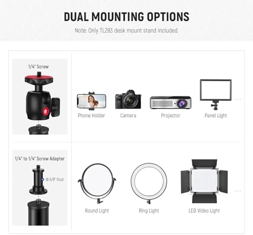 Camera Desk Mount with Holder & 360° Ball Head, 17"-40"/43-102cm Telescopic C Clamp Table Light Stand 1/4", alternate view 4