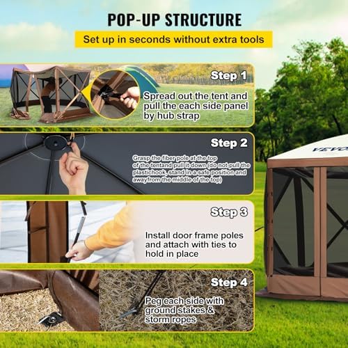Camping Gazebo Screen Tent, 10 * 10ft, 6 Sided Pop-up Canopy Shelter Tent with Mesh Windows, Portable Carry Bag, alternate