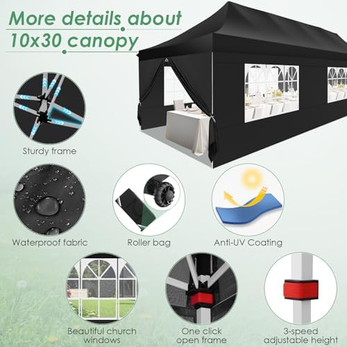 Canopy 10x30 Pop Up Canopy Tent with Sidewalls, Waterproof Commercial Canopy Ez Outdoor Instant Gazebo UV, alternate view 6