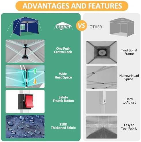 Canopy Tent 10x10, 10x10 Pop Up Canopy for Party Camping, Party Tents with One Push Central Button Air Vent, alternate view 4