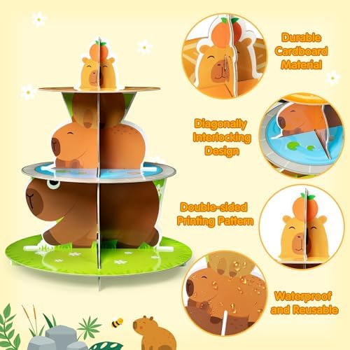 Capy Birthday Cupcake Stand - 3 Tiered Baby Shower Party Decoration in Brown, alternate view 4