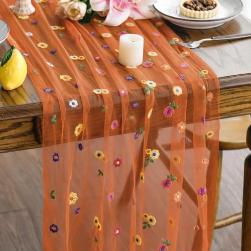 Caramel Daisy Gauze Table Runner 120 Inch 10FT in 28" x 120" in Caramel