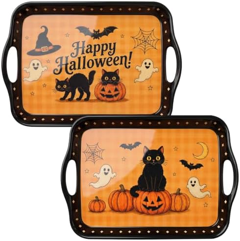 Cat & Pumpkin Serving Trays with Handles, 16 Inch, Set of 2 in Black Cat