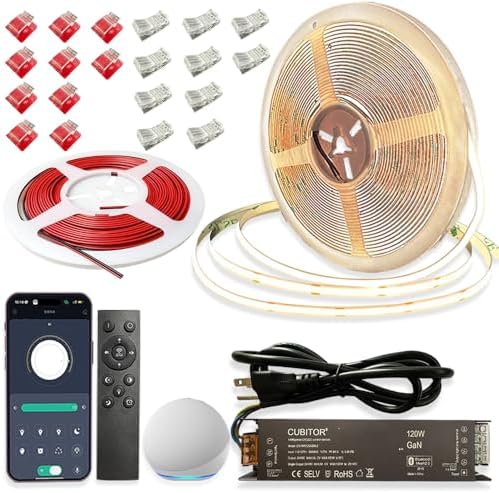 CCT COB LED Strips Light Kit,2700K-6500K,32.8ft/10m, Dimmable & Cuttable,24V Tape Strip with Smart Transformer