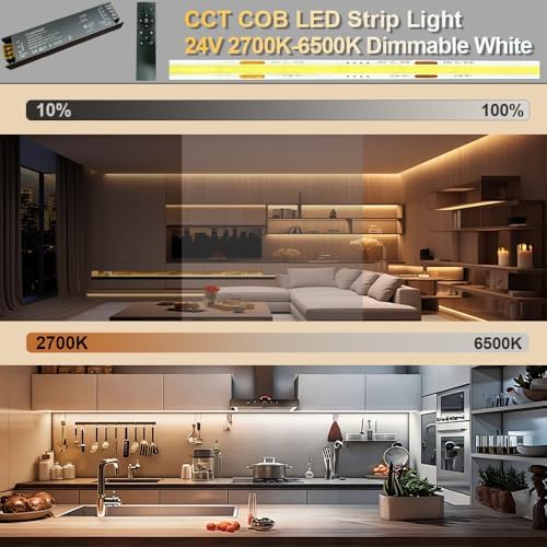 CCT COB LED Strips Light Kit,2700K-6500K,32.8ft/10m, Dimmable & Cuttable,24V Tape Strip with Smart Transformer, alternate