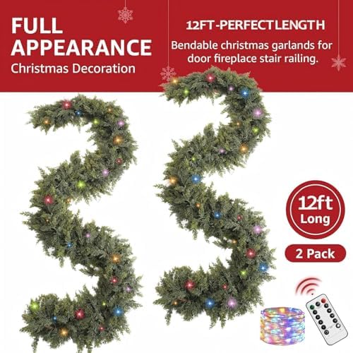 Cedar Christmas Garland with Lights for Mantle - 2 PACK Decorations 12ft Realistic Lighted Faux Pine Garlands, alternate view