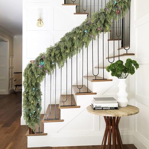 Cedar Christmas Garland with Lights for Mantle - 2 PACK Decorations 12ft Realistic Lighted Faux Pine Garlands, alternate view