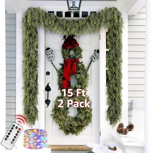 Cedar Christmas Garland with Lights for Mantle - 2 PACK Decorations 15ft Realistic Lighted Faux Pine Garlands