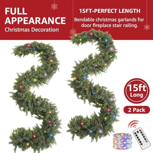 Cedar Christmas Garland with Lights for Mantle - 2 PACK Decorations 15ft Realistic Lighted Faux Pine Garlands, alternate view