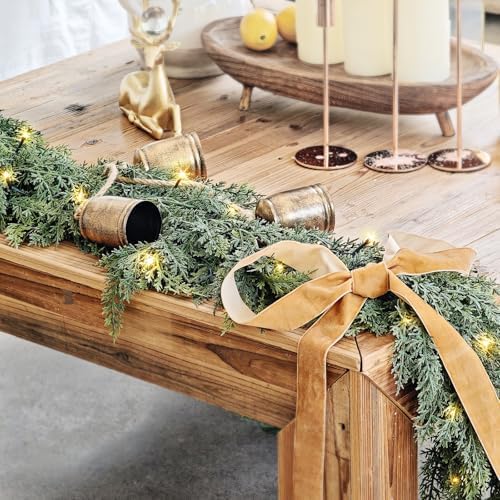 Cedar Christmas Garland with Lights for Mantle - 2 PACK Decorations 15ft Realistic Lighted Faux Pine Garlands, alternate view