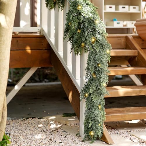 Cedar Christmas Garland with Lights for Mantle - 2 PACK Decorations 15ft Realistic Lighted Faux Pine Garlands, alternate view