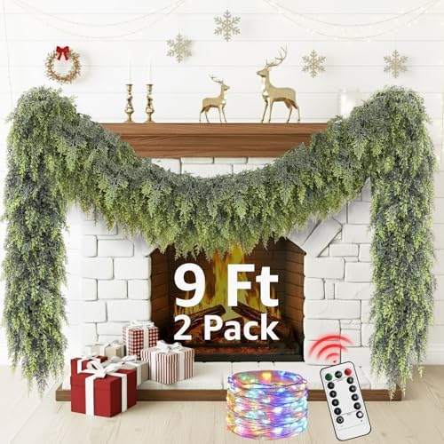Cedar Christmas Garland with Lights for Mantle - 2 Pack Decorations 9ft Realistic Lighted Faux Pine Garlands for