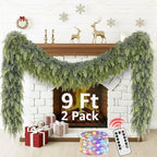 Cedar Christmas Garland with Lights for Mantle - 2 Pack Decorations 9ft Realistic Lighted Faux Pine Garlands for