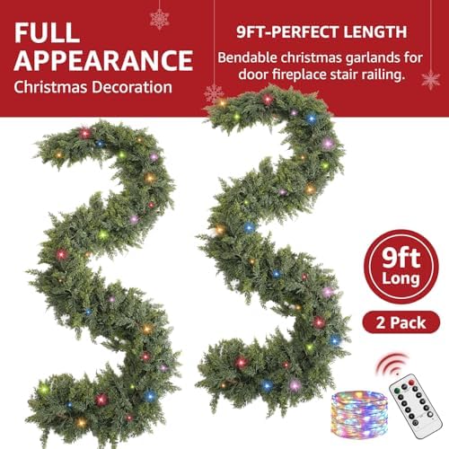 Cedar Christmas Garland with Lights for Mantle - 2 Pack Decorations 9ft Realistic Lighted Faux Pine Garlands for, alternate