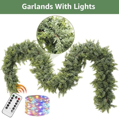 Cedar Christmas Garland with Lights for Mantle - 2 Pack Decorations 9ft Realistic Lighted Faux Pine Garlands for, alternate