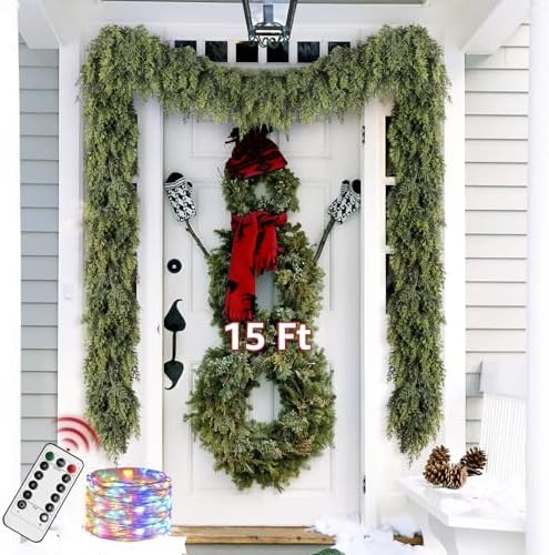 Cedar Christmas Garland with Lights for Mantle - Decorations 15ft Realistic Lighted Faux Pine Garlands for Xmas