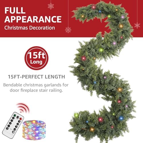 Cedar Christmas Garland with Lights for Mantle - Decorations 15ft Realistic Lighted Faux Pine Garlands for Xmas, alternate