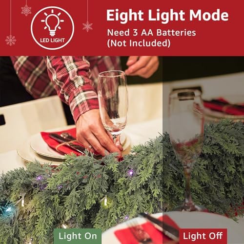 Cedar Christmas Garland with Lights for Mantle - Decorations 15ft Realistic Lighted Faux Pine Garlands for Xmas, alternate