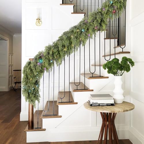 Cedar Christmas Garland with Lights for Mantle - Decorations 15ft Realistic Lighted Faux Pine Garlands for Xmas, alternate