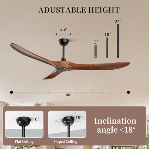 Ceiling Fan no Light,60 inch Outdoor Ceiling Fan Without Lights for Patios, 3 Blade Solid Wooden Propeller, alternate view 2