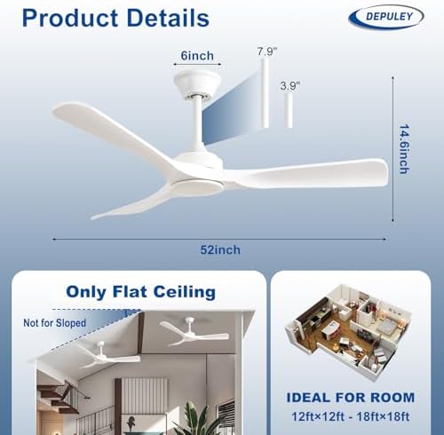 Ceiling Fan Without Light: 52 Inch 3 Blade Outdoor Fans for Patios - White Fandelier Ceiling Fan No Light Indoor, alternate