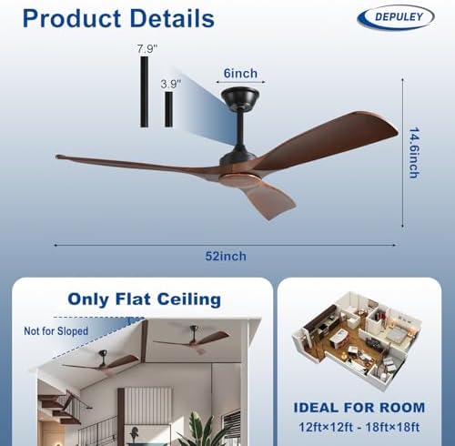 Ceiling Fan Without Light: 52 Inch 3 Plastic Blade Outdoor Fans in Walnut 02, alternate view 2
