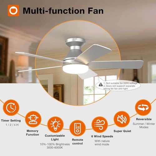 Ceiling Fans with Lights, 42 Inch Low Profile Ceiling Fan with Light and Remote Control, Flush Mount, alternate view 3