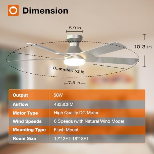 Ceiling Fans with Lights, 52 Inch Low Profile Ceiling Fan with Light and Remote Control, Flush Mount, alternate view 2
