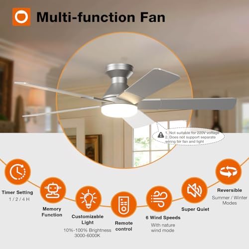 Ceiling Fans with Lights, 52 Inch Low Profile Ceiling Fan with Light and Remote Control, Flush Mount, alternate view 3
