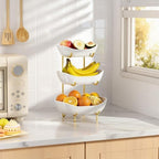 Ceramic 3 Tier Fruit Bowl, Fruit Basket for Kitchen Counter, Gold in White, alternate view 2