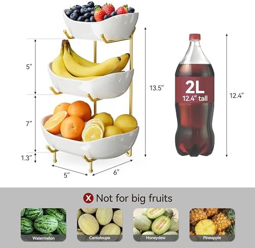 Ceramic 3 Tier Fruit Bowl, Fruit Basket for Kitchen Counter, Gold in White, alternate view 3
