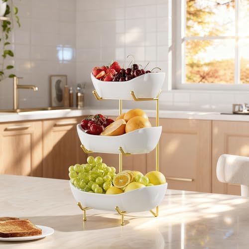 Ceramic 3 Tier Fruit Bowl, Fruit Basket for Kitchen Counter, Gold in White, alternate view 4