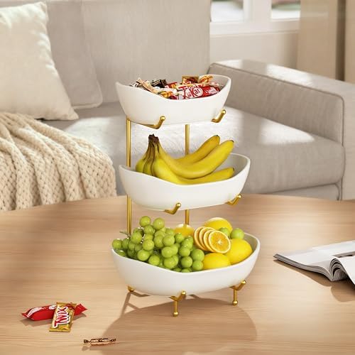 Ceramic 3 Tier Fruit Bowl, Fruit Basket for Kitchen Counter, Gold in White, alternate view 6