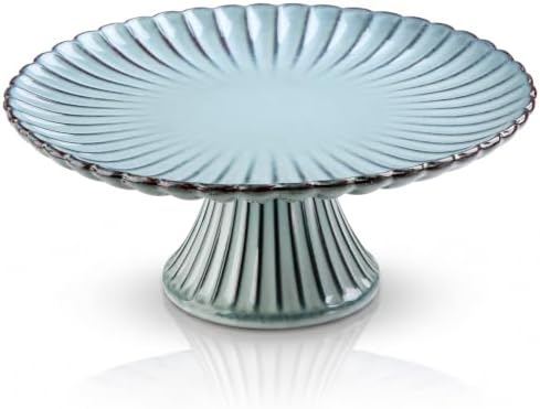 Ceramic Cake Stand, 11 Inch, Scalloped, Ombre Blue in Ocean Mist