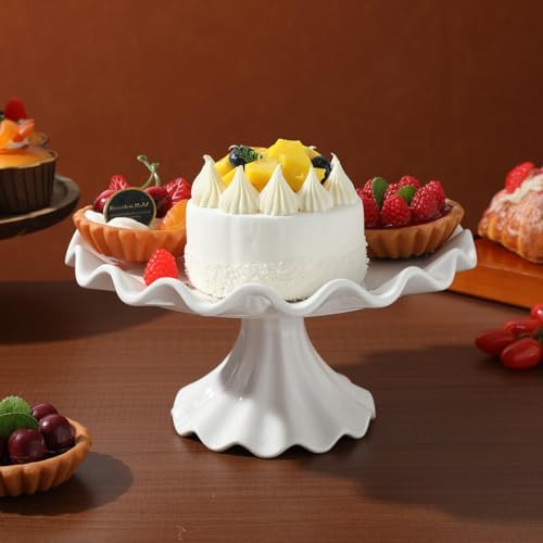Ceramic Cake Stand 9.45 Inch Wavy Edge Pedestal Cupcake Stand for Parties Weddings Birthdays Elegant Ceramic, alternate view
