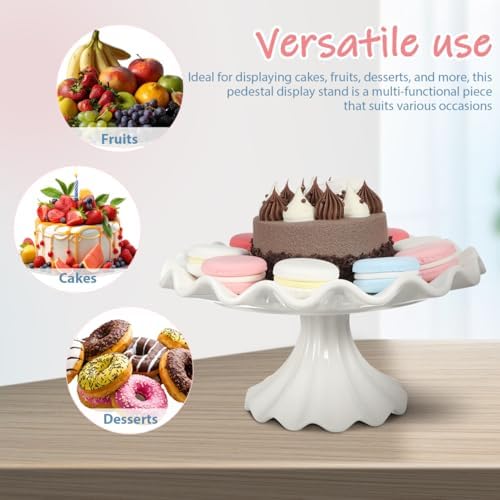 Ceramic Cake Stand 9.45 Inch Wavy Edge Pedestal Cupcake Stand for Parties Weddings Birthdays Elegant Ceramic, alternate view