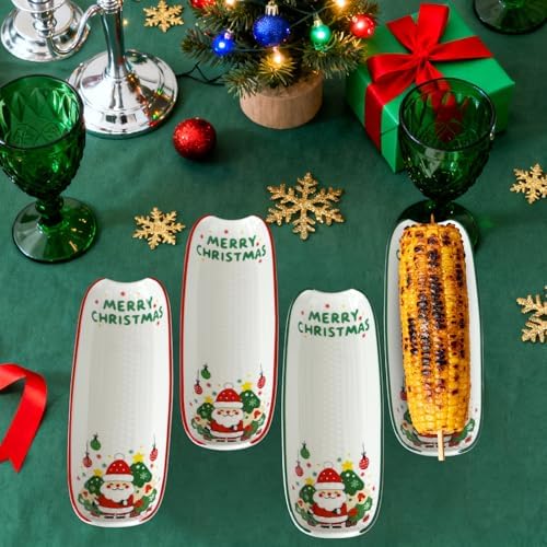 Ceramic Corn Cob Holders Set of 4, 8.8" Christmas Serving Dishes in Xmas, alternate view 4
