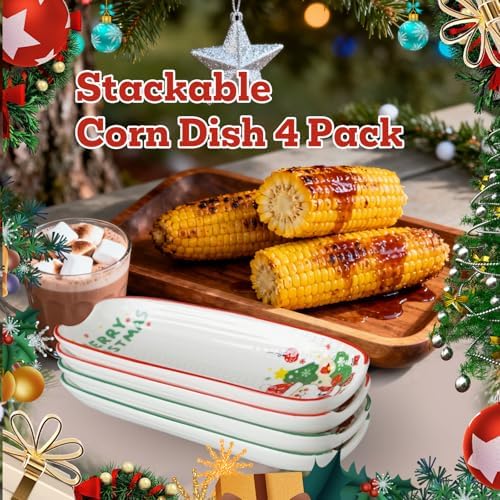 Ceramic Corn Cob Holders Set of 4, 8.8" Christmas Serving Dishes in Xmas, alternate view 5